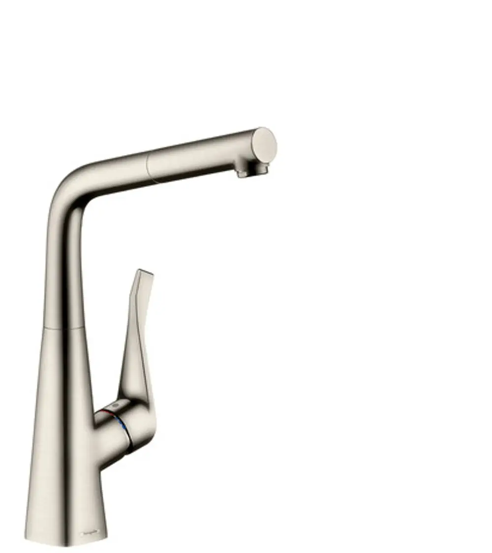 Hansgrohe Spültischmischer in Edelstahl-Optik mit einem schwenkbaren Auslauf und einem ergonomischen Hebel für Wassersteuerung. Ideal für die Küche.